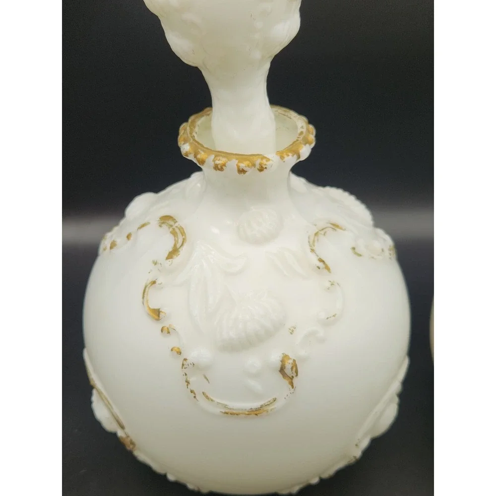 Set Of 2 Antique Milk Glass Vanity Bottles With Stoppers Gold Trim
